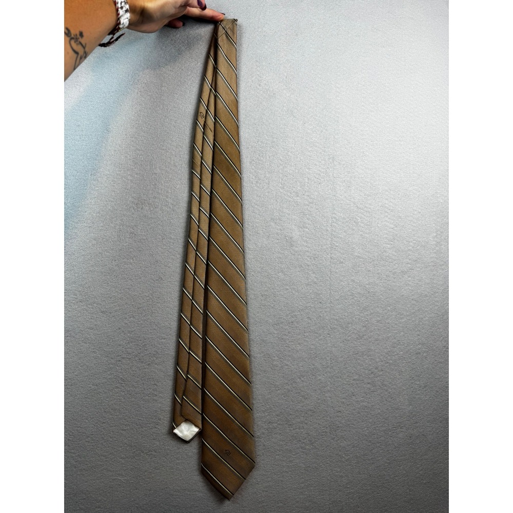 Christian Dior Mens Silk Tie Brown Herringbone Navy Cream Diagonal Stripe Vtg